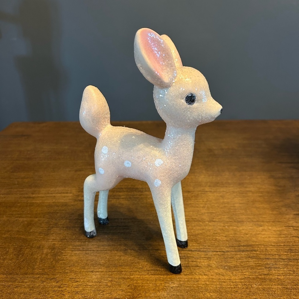 Holiday Vintage Glitter Deer Fawn Christmas Figurine Pastel Pink